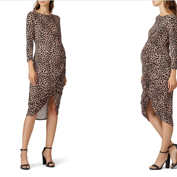 RTR Ingrid & Isabel Leopard Print Tan Black Maternity Ruched Midi‎ Dress Sz M - Picture 1 of 12
